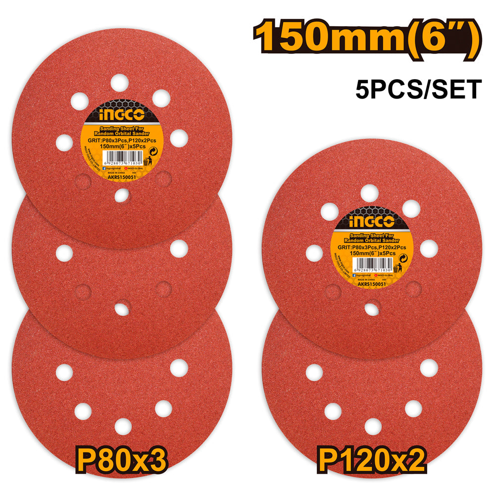 INGCO JEU FEUILLES ABRASIVES PONCEUSE ORBITALE 5PCS 150M  [AKRS150051]