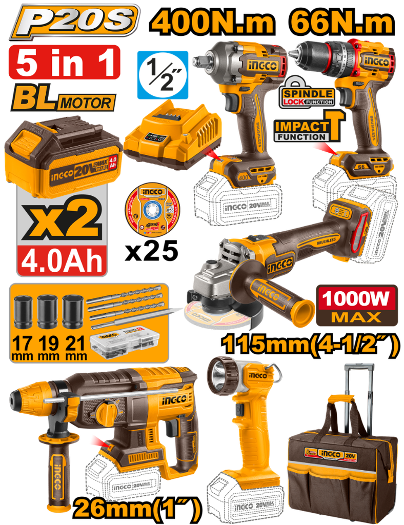 INGCO PACK VALISE 5 MACHINES INDUSTRIELLES 20V 4AH + ACC [CKLI2019]