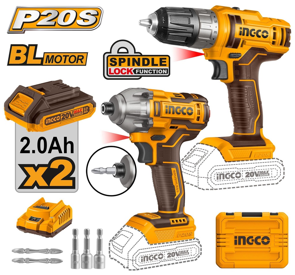 INGCO PACK VISSEUSE+VISSEUSE A CHOC 20V/2BATTERIES  [COSLI230708]