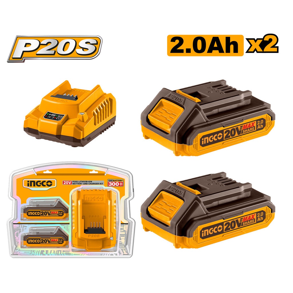 INGCO pack of 2 batteries 20V 2AH + fast charger