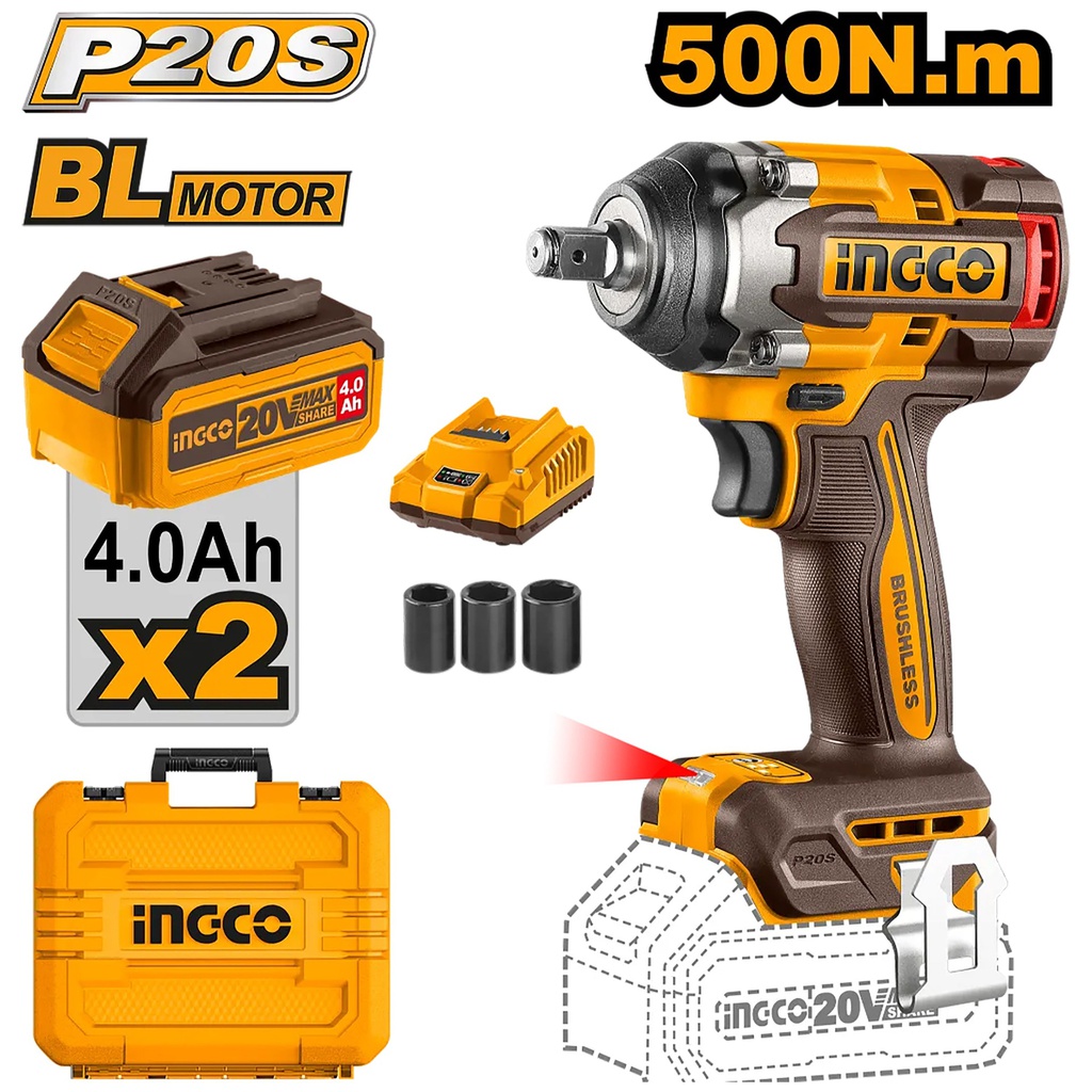 INGCO BOULONNEUSE A CHOC 500NM SANS CHARBON 20V+2BAT [CIWLI2050]