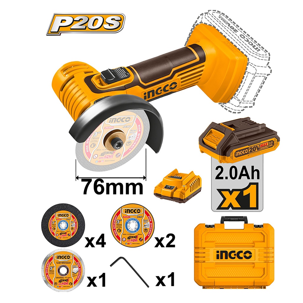 INGCO 20V mini grinder case 76MM 1 battery 7 discs