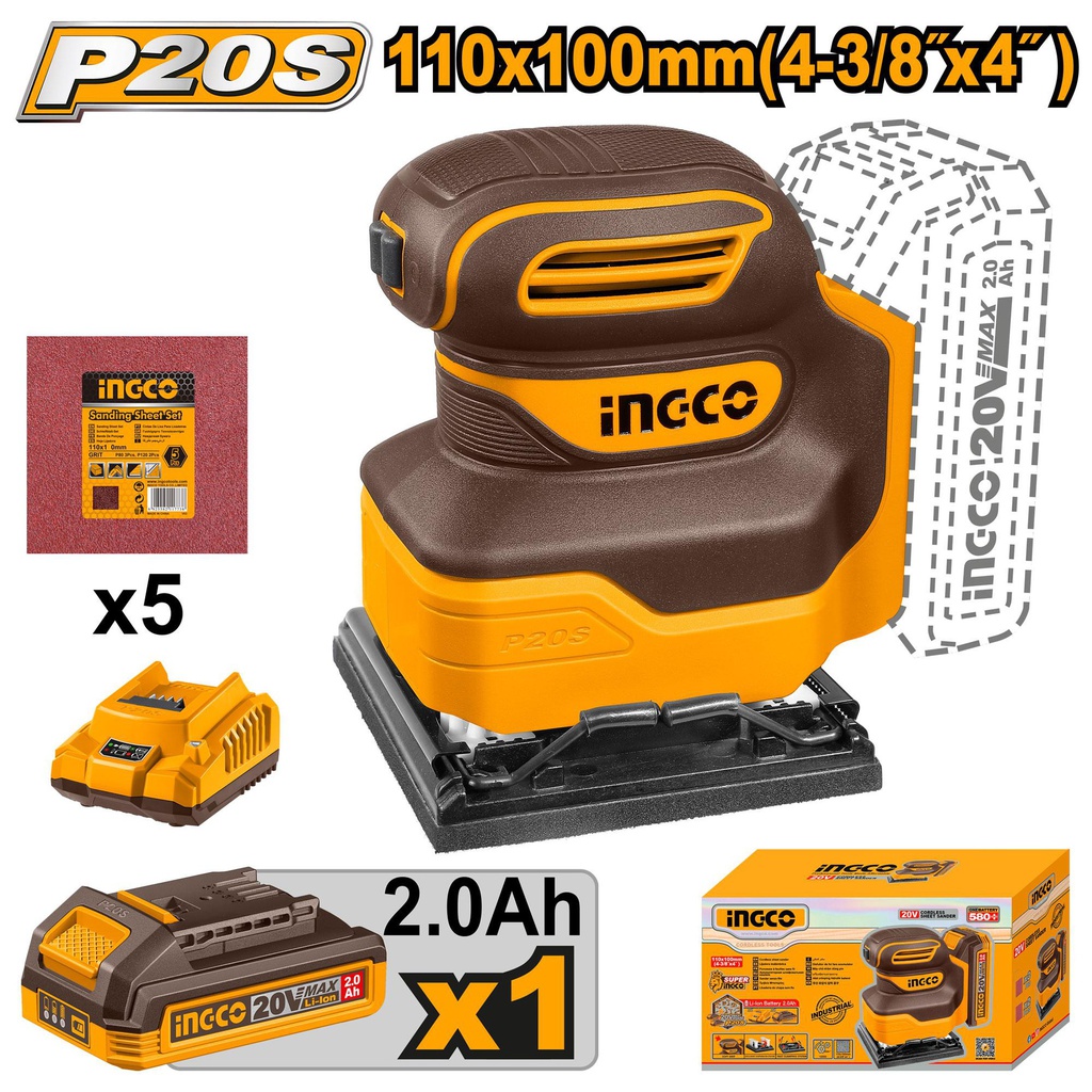 INGCO PONCEUSE VIBRANTE 20V 1 BATTERIE 110MM PLATEAU CARRÉ  [CSHSLI20141]