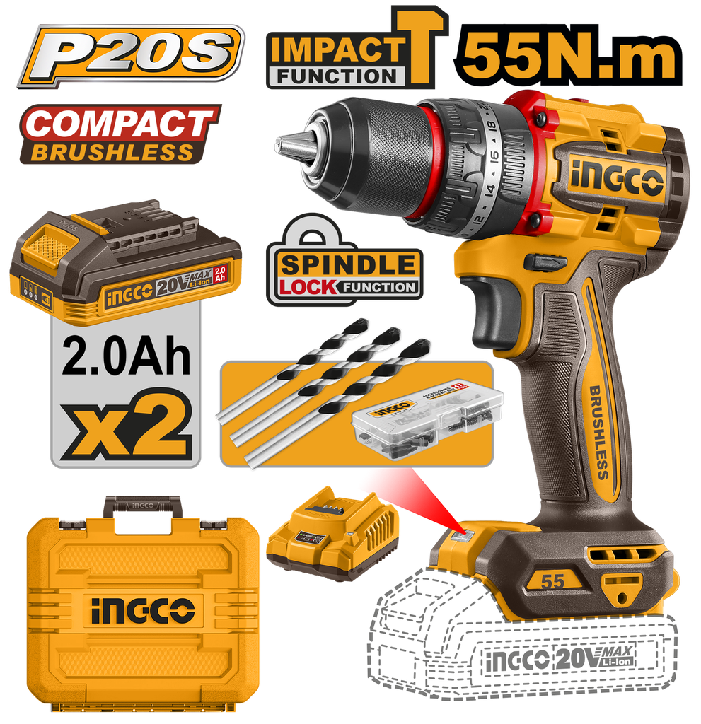 INGCO PERCEUSE VISSEUSE BRUSHLESS 20V+47 ACC 55NM- [CIDLI20558]