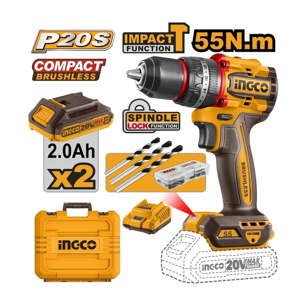 INGCO PERCEUSE VISSEUSE BRUSHLESS 20V+47 ACC 55NM-[CIDLI20558]