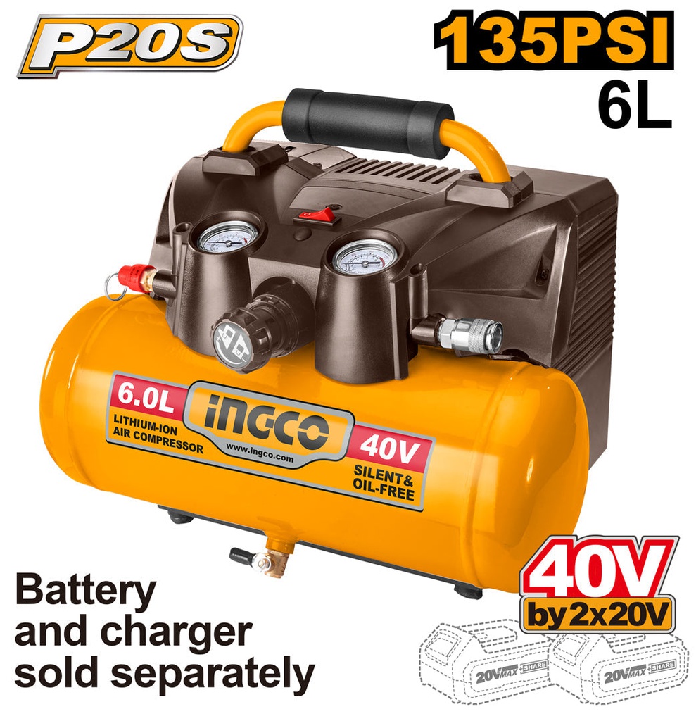 INGCO COMPRESSEUR SANS FIL BATTERIE 6L BATTERIE ET CHARGEUR NON INCLUS   [CACLI2003]