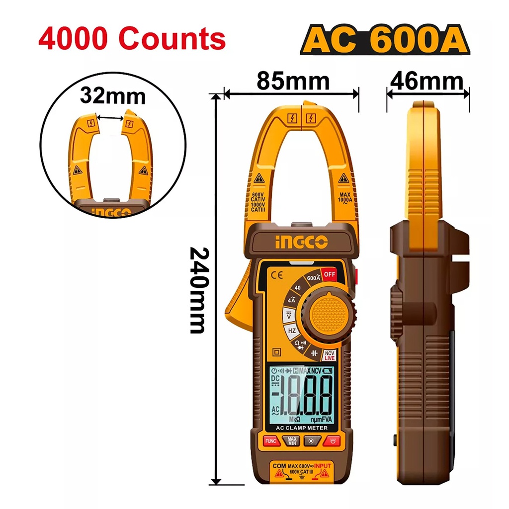 INGCO PINCE AMPERMETRIQUE NUMERIQUE AC 600A SI NR   [DCM66001]