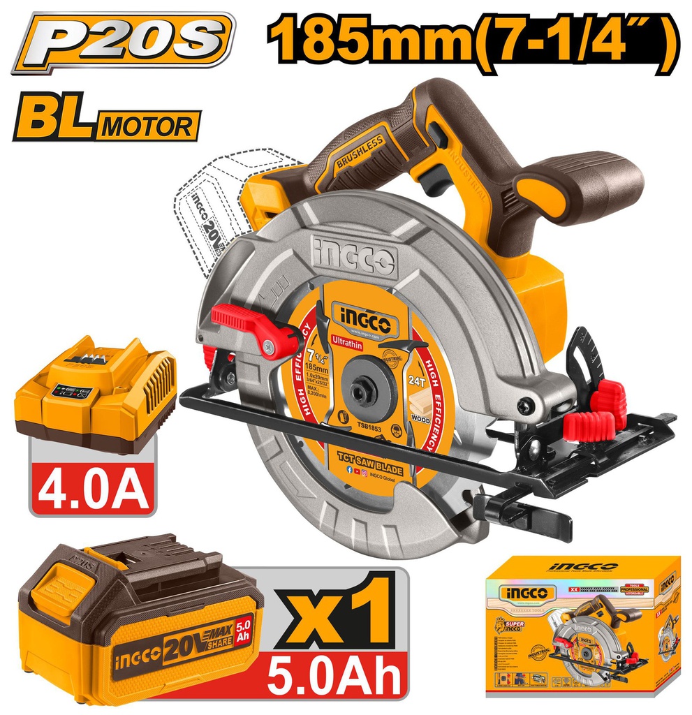 INGCO SCIE CIRCULAIRE BRUSHLESS 20V + BAT 5Ah + CHARGEUR [CSLI18513]