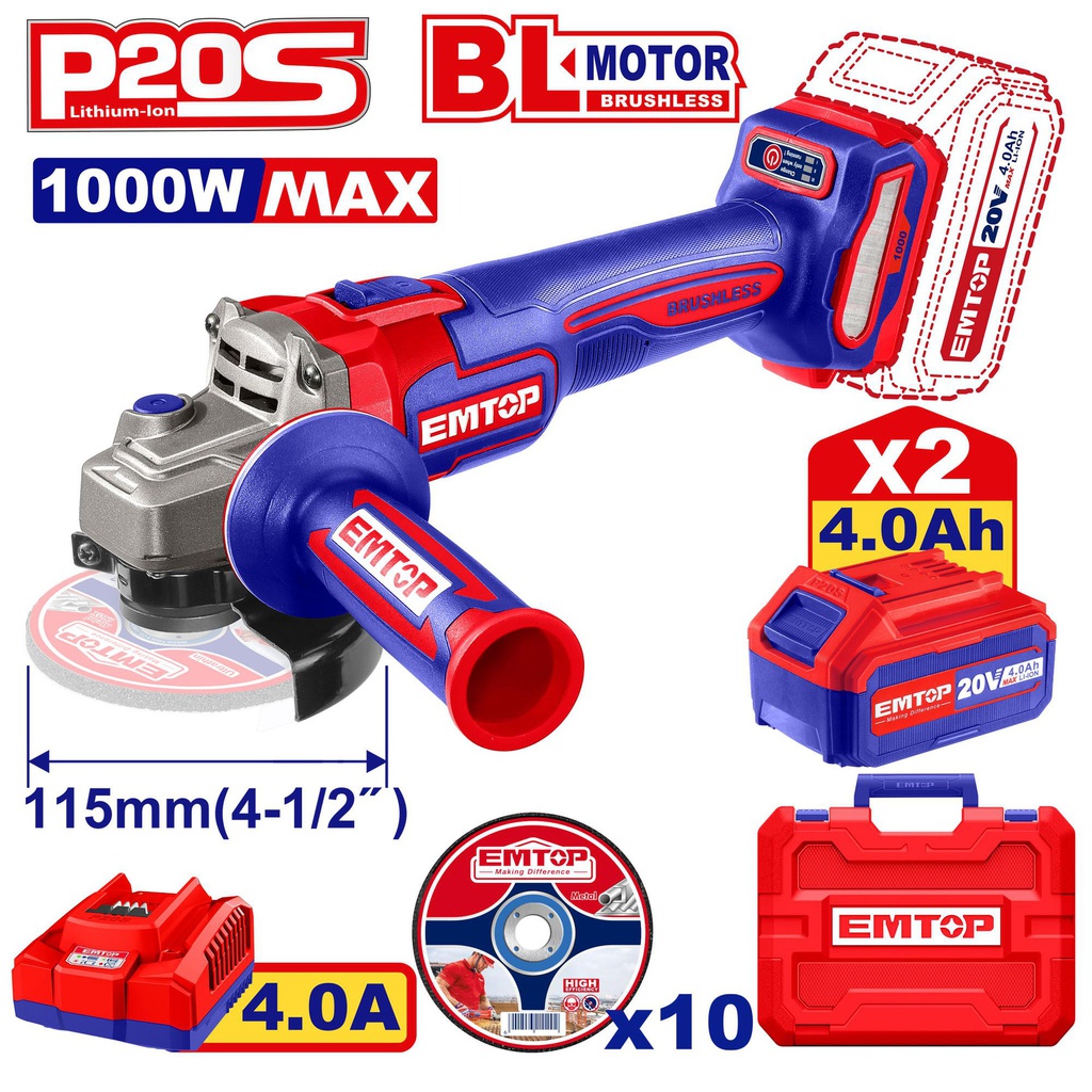 EMTOP MEULEUSE 115MM 1000W SANS FIL 20V + 2 BATTERIES 4.0AH [ELAG271532]