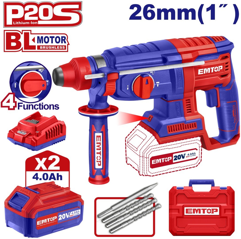 EMTOP MARTEAU PERFORATEUR 26MM SANS FIL 20V + 2 BATTERIES 4.0AH [ELRH202682]
