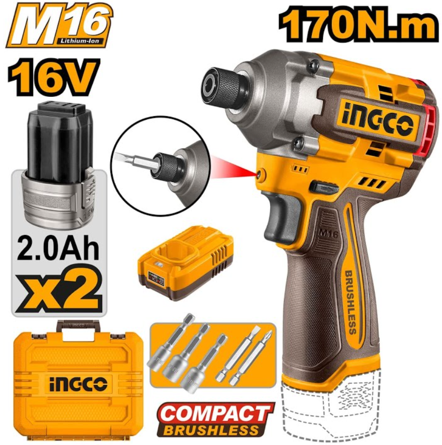 INGCO VISSEUSE A CHOC BRUSHLESS 16V 170NM 2 BATTERIE 