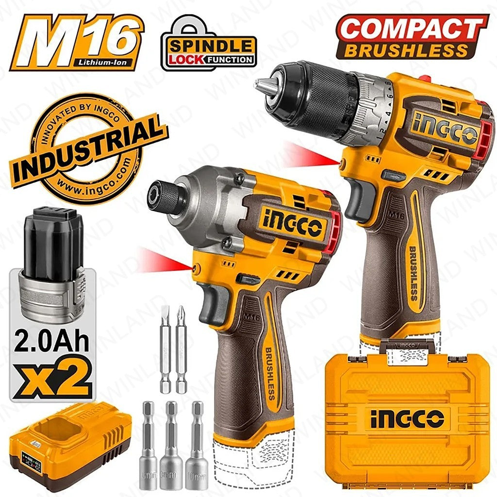 INGCO DRILL DRIVER + IMPACT SCREWDRIVER 16V + 2 BATT + CHARGER