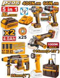 INGCO PACK VALISE 5 MACHINES INDUSTRIELLES 20V 4AH + ACC [CKLI2019]