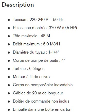 POMPE EMMERGEE POUR PUIT PROFOND 370W (0,5HP)  