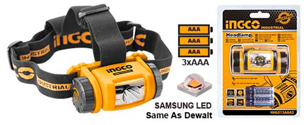 INGCO LAMPE FRONTALE PILES:3AAA MAX：180LM，LOW：45LM DURE [HHL013AAA2]