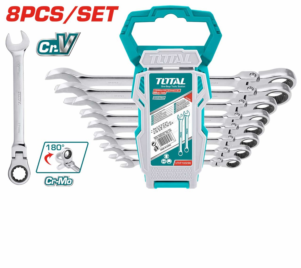 TOTAL set of 8 flexible ratchet spanners 8-19MM