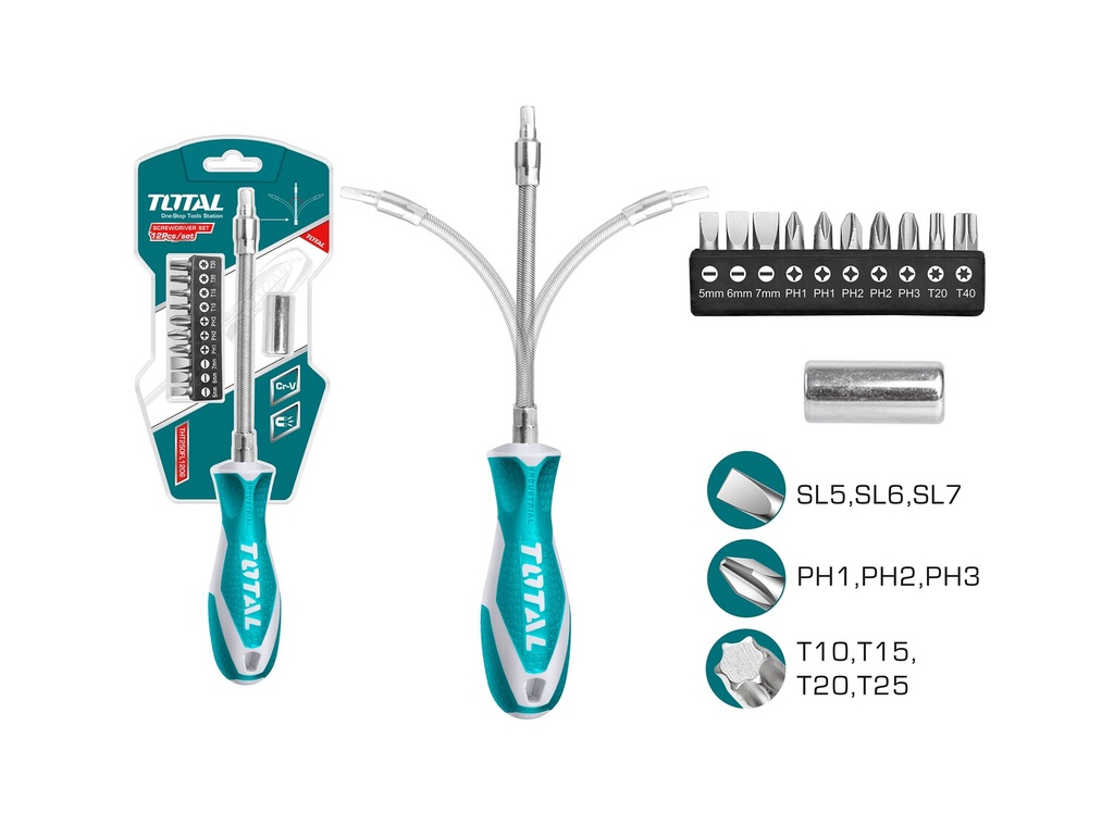 TOTAL JEU DE TOURNEVIS A TIGE FLEXIBLE 12PCS  [THT250FL1206]