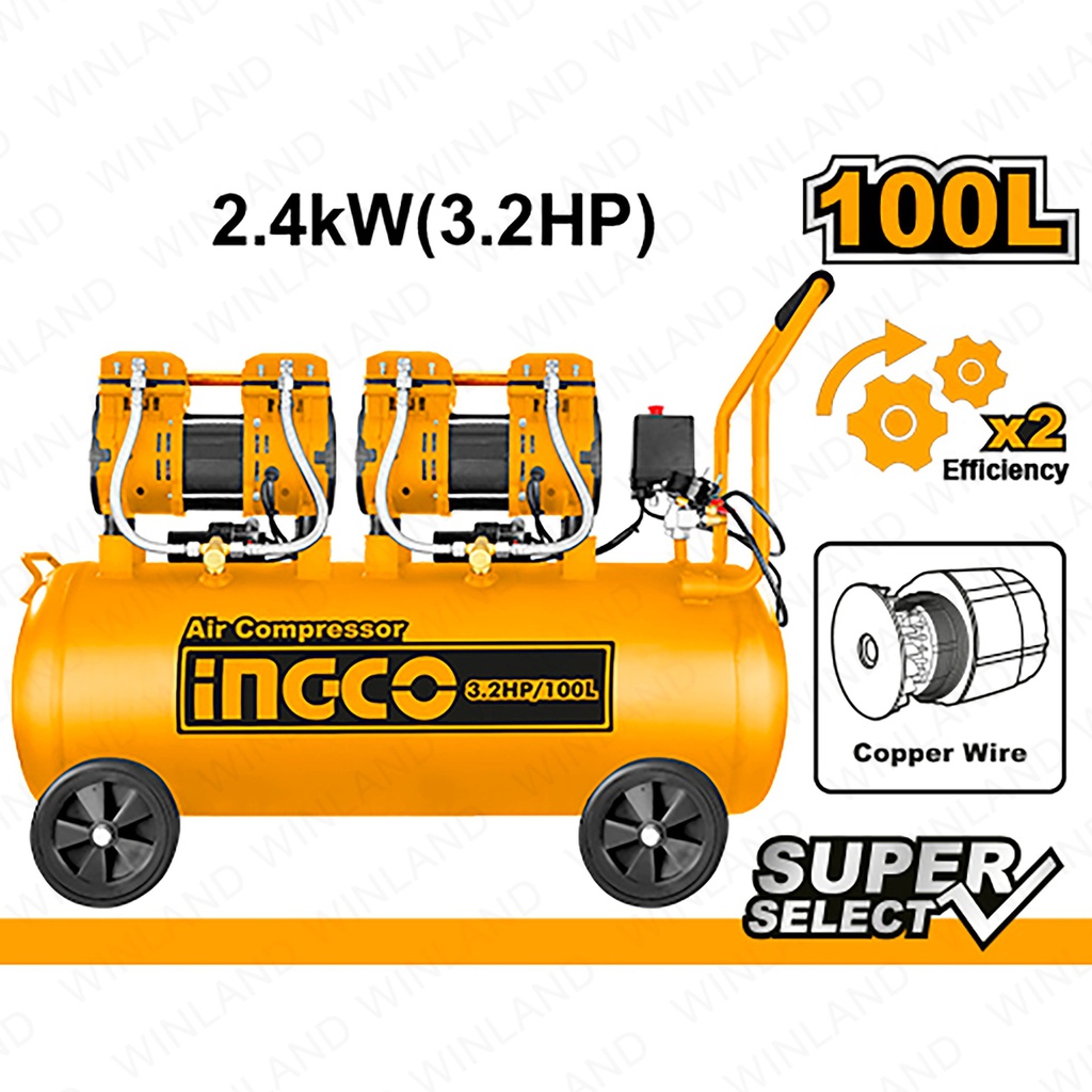 INGCO COMPRESSEUR SILENCIEUX 100L 2×1200W （3.2HP) NR  [ACS2241001]