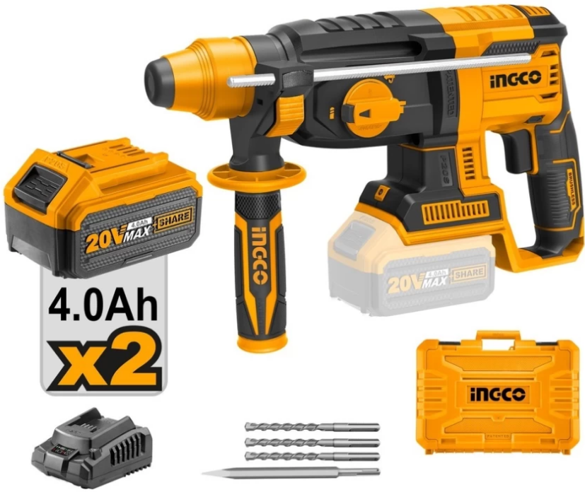 INGCO 20V rotary hammer 26MM + 2 batteries 4AH