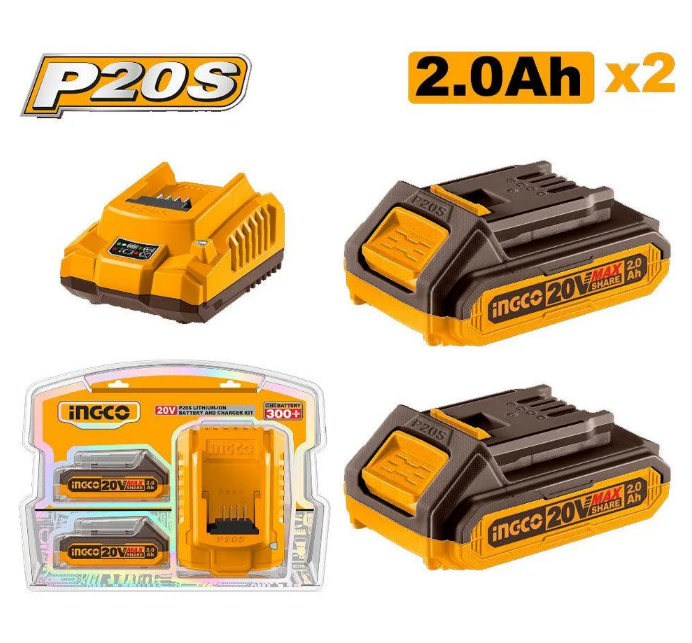 INGCO PACK 2 BATTERIES 20V 2AH + CHARGEUR RAPIDE SI [FBCPK1222]