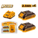 INGCO PACK 2 BATTERIES 20V 2AH + CHARGEUR RAPIDE SI [FBCPK1222]