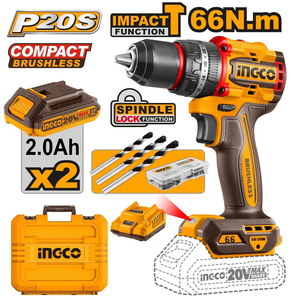 INGCO 20V brushless drill driver 60NM 2 batteries