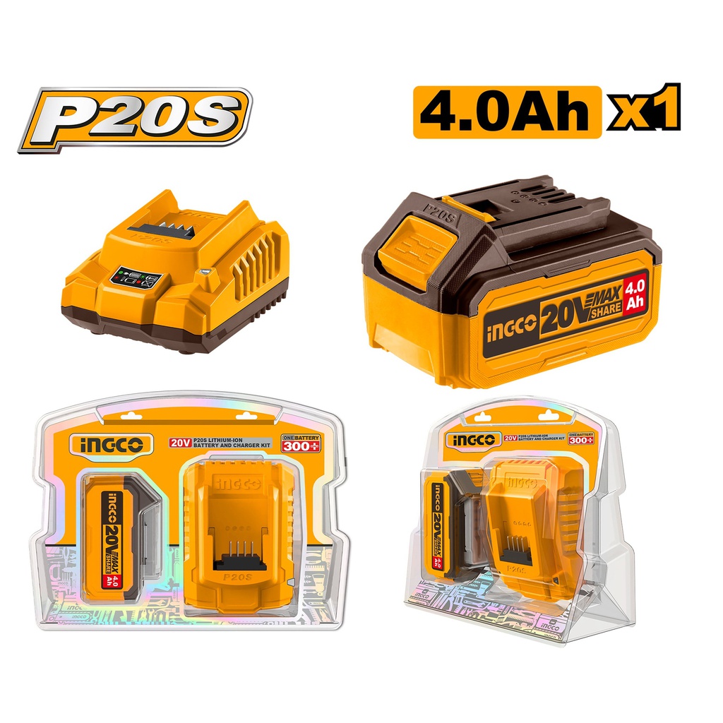 INGCO PACK 1 BATTERIE 20V 4AH + 1 CHARGEUR RAPIDE SI  [FBCPK1214]