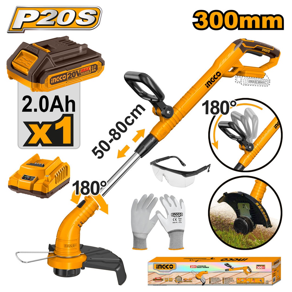 INGCO PACK DEBROUSSAILLEUSE 20V+BATTERIE+CHARGEUR [CGTLI20301]