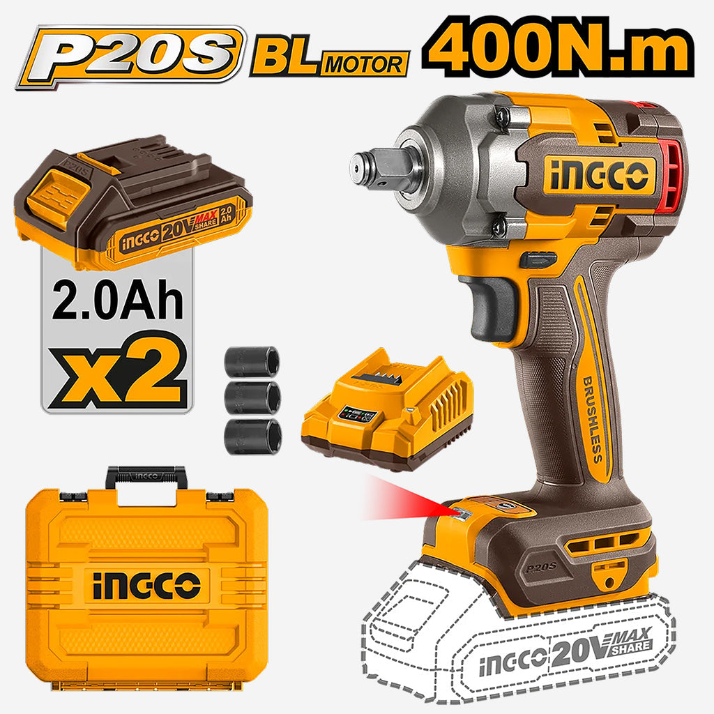 INGCO BOULONNEUSE A CHOC 400NM SANS CHARBON 20V+2BAT 2.0  