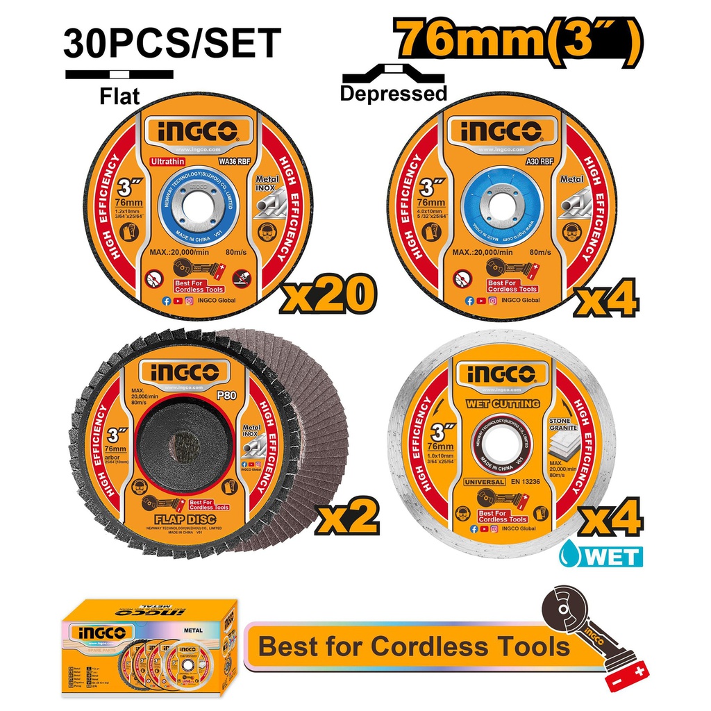 INGCO set of 30 cutting and grinding discs 76MM