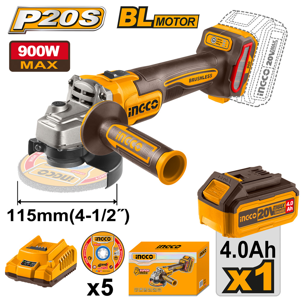 INGCO 20V angle grinder 115MM + 1 battery 4AH