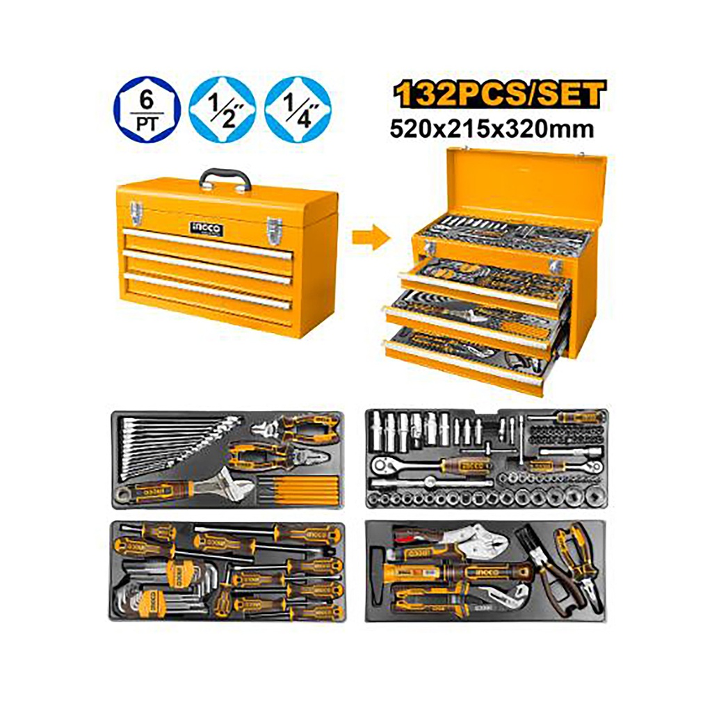 INGCO BOITE A OUTILS 3 TIROIRS 132PCS NR  