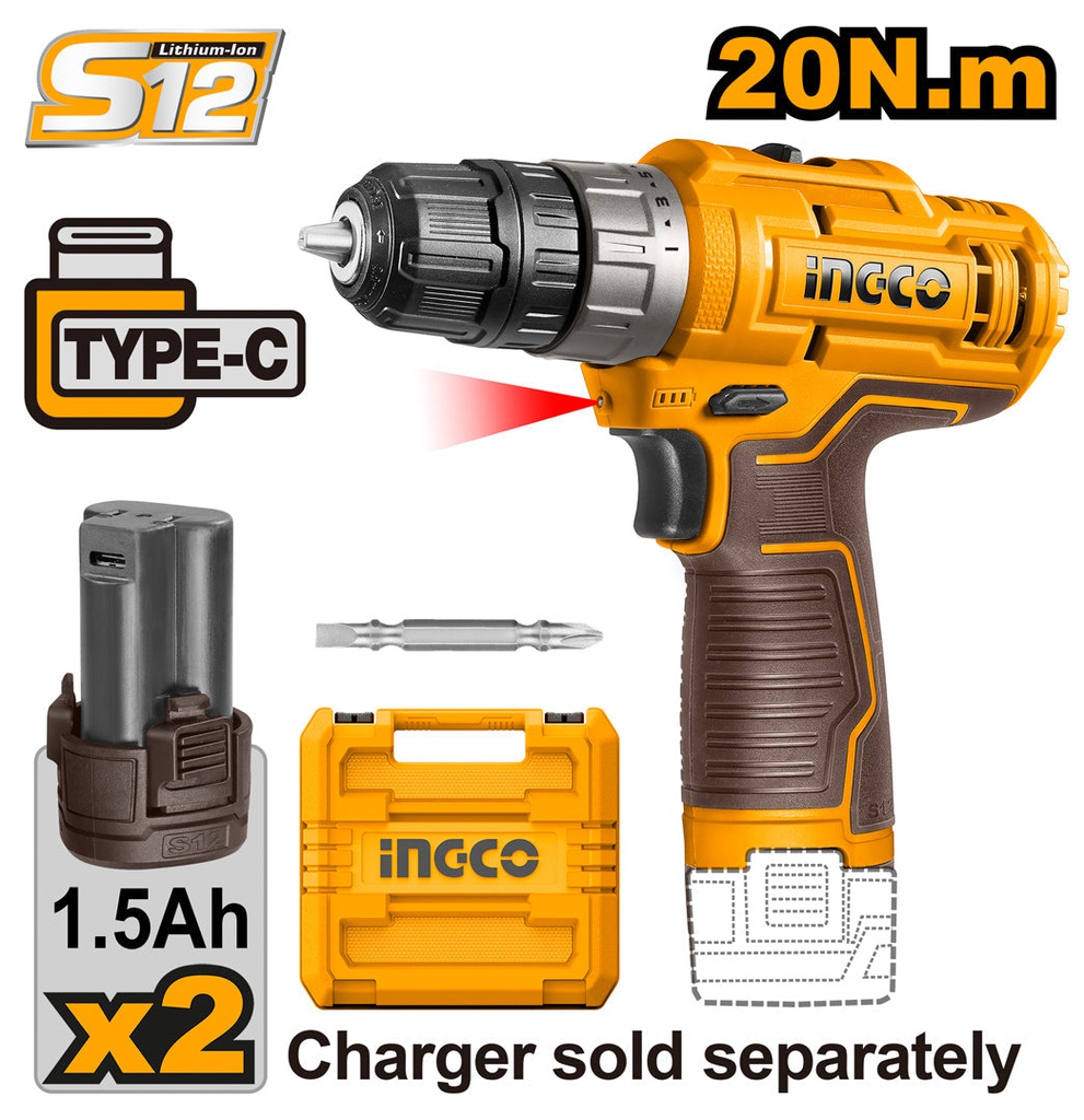 INGCO MALETTE VISSEUSE SANS FIL 12V 2 BATTERIES 20NM NR [CDLI12202]