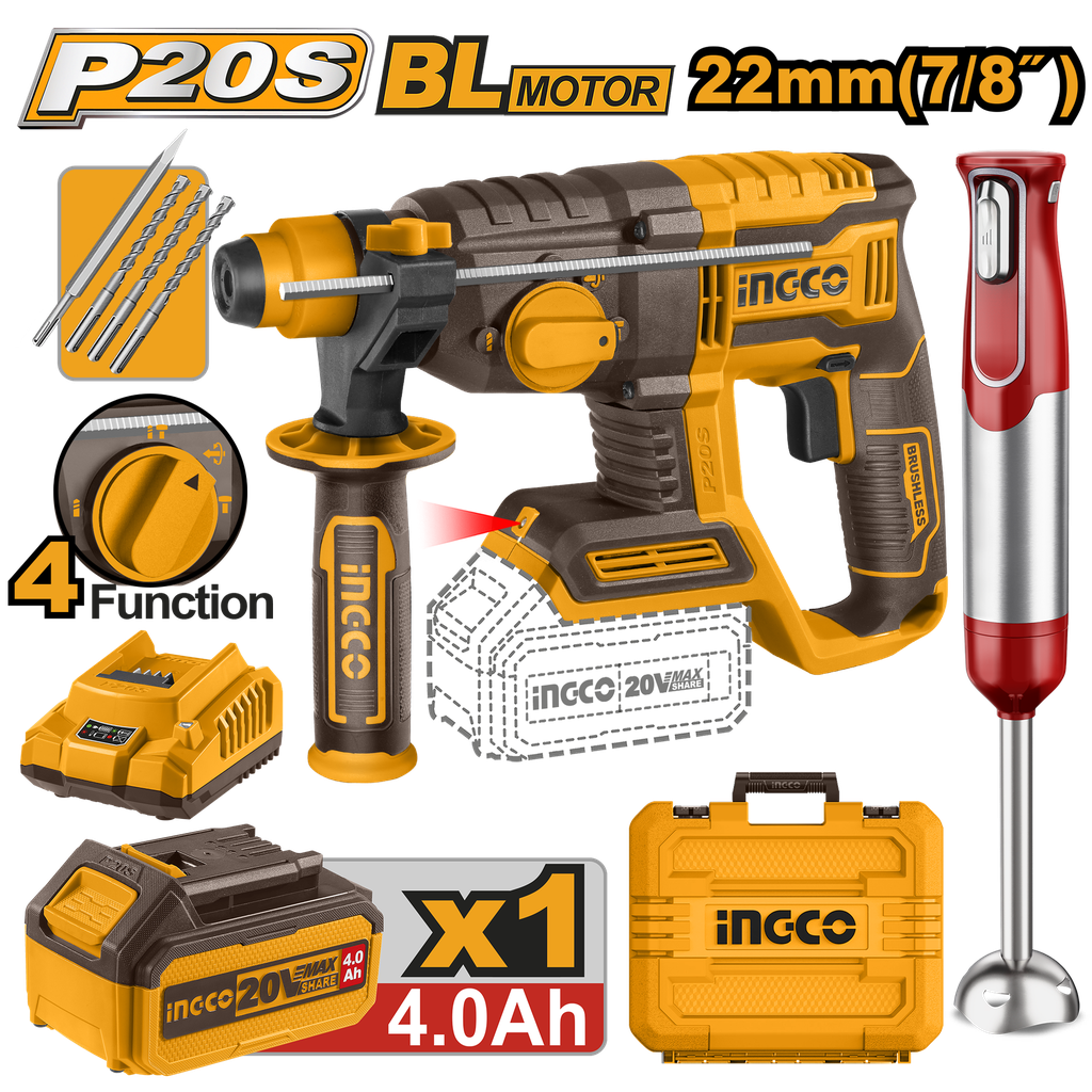 INGCO PACK MARTEAU PERFORATEUR 22MM 20V/MIXEUR PLONGEANT [COSLI240208]