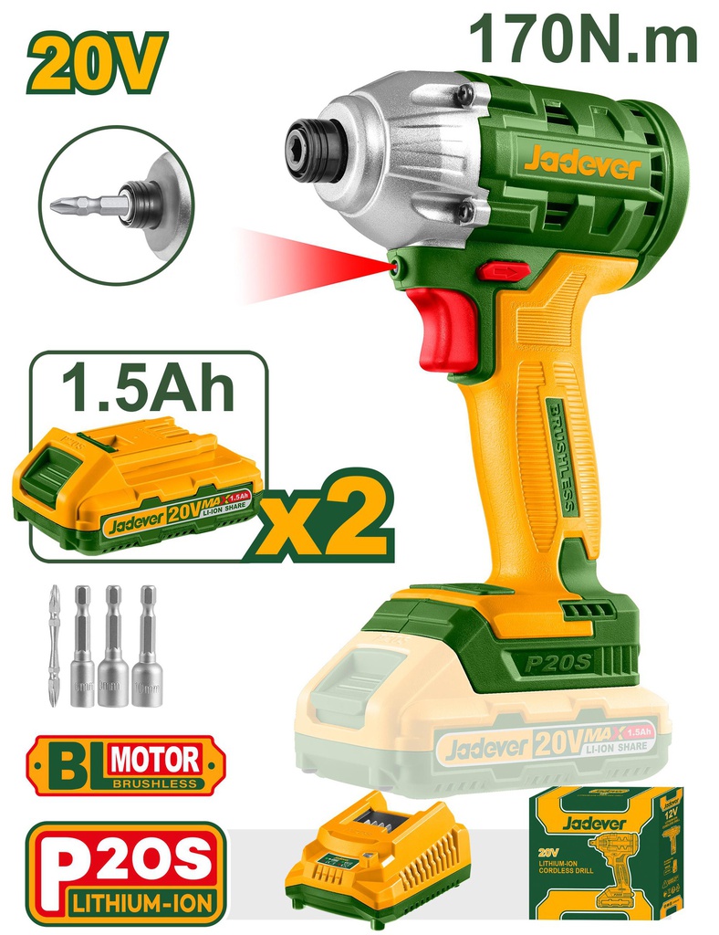 JADEVER VISSEUSE À PERCUSSION SANS FIL 20V ( 2 BAT + 1 CHARGEUR )-JDCD2512