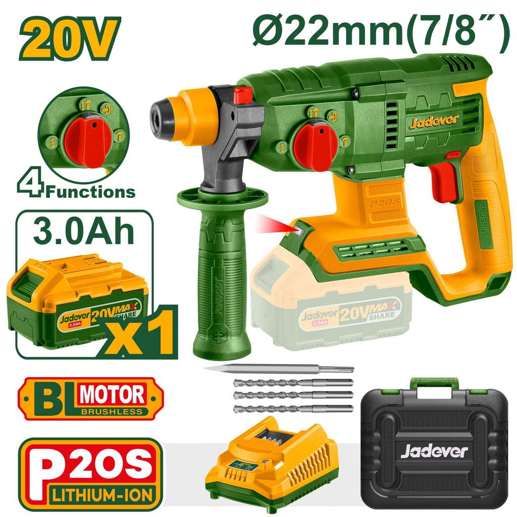 JADEVER MARTEAU PERFORATEUR SANS FIL 20V (1 BATTERIE 3,0AH ET CHARGEUR)-JDLM1522