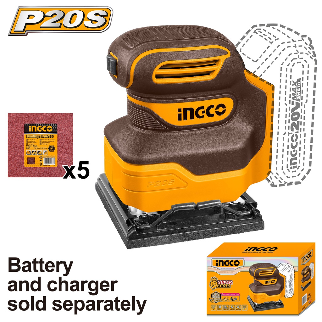 INGCO PONCEUSE VIBRANTE 20V SANS BATTERIE 110MM PLATEAU CARRÉ [CSHSLI2014]