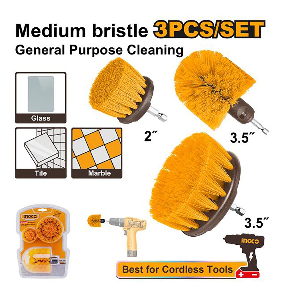 INGCO JEU DE 3 BROSSES DE NETTOYAGE POUR VISSEUSE À POILS SOUPLES  