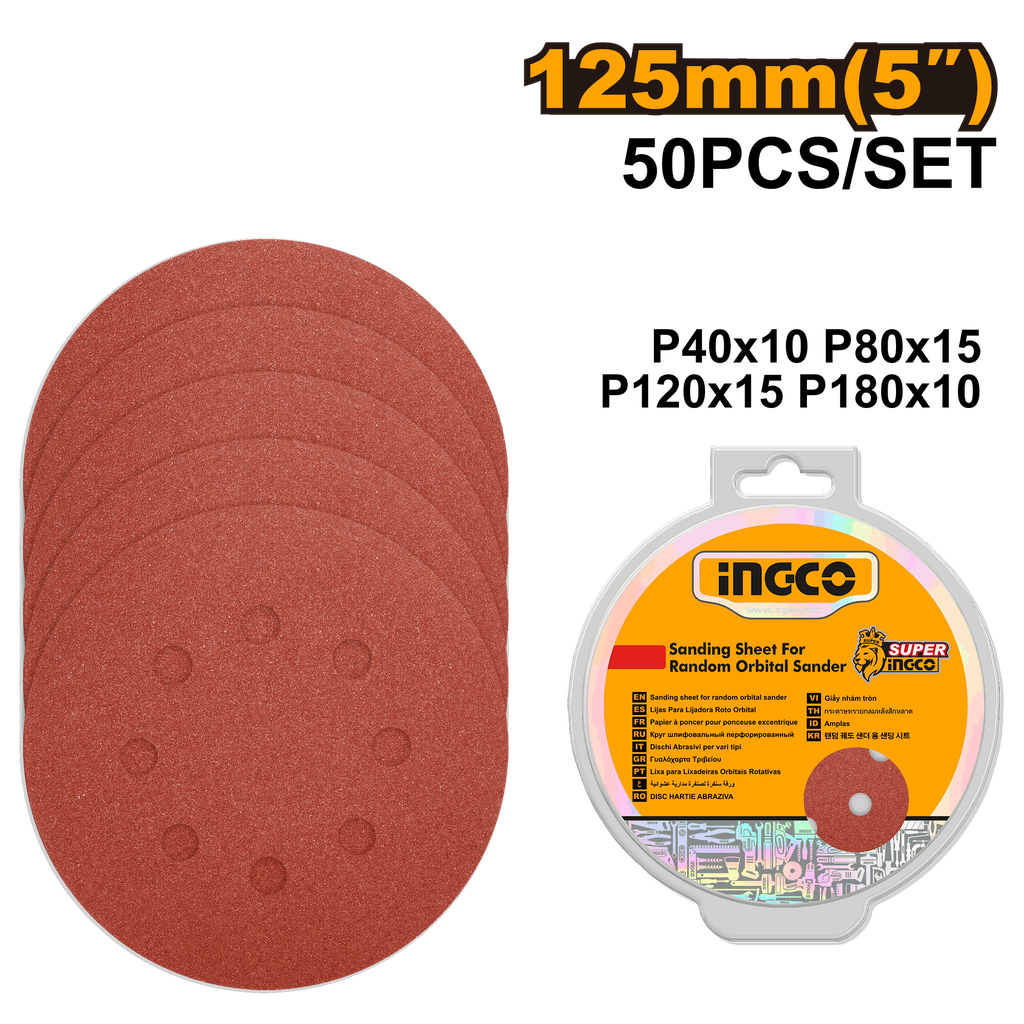 INGCO JEU DES FEUILLES ABRASIVES PONCEUSE ORBITALE 50PCS 125MM  [AKRS1250511]