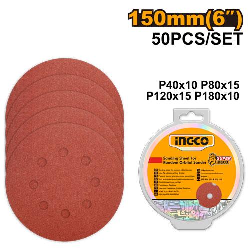 INGCO JEU DES FEUILLES ABRASIVES PONCEUSE ORBITALE 50PCS 150MM  
