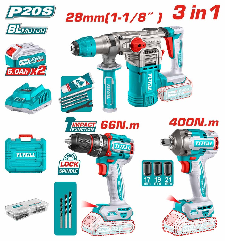 TOTAL PACK MARTEAU PERFORATEUR+BOULONNEUSE+VISSEUSE 