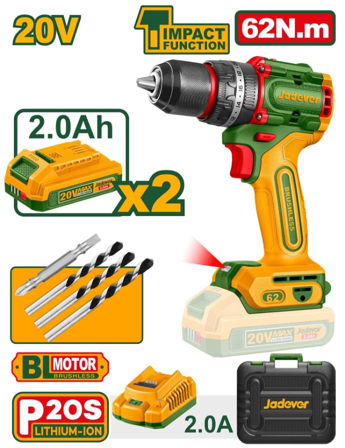 JADEVER PERCEUSE VISSEUSE BRUSHLESS 20V 2BATTERIES 2.0A 62NM  [JDCDP6281]