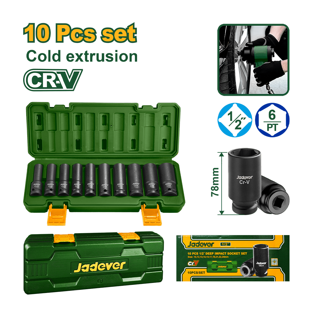 JADEVER SET OF 10 IMPACT SOCKETS 1/2 LONG