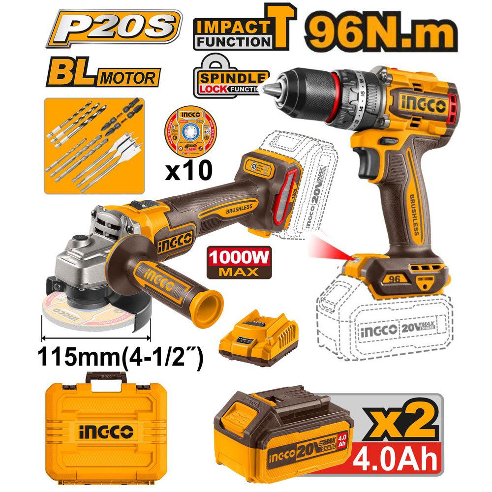 INGCO PACK 2 MACHINE MEULEUSE VISSEUSE 96NM 20V 2X4AH  