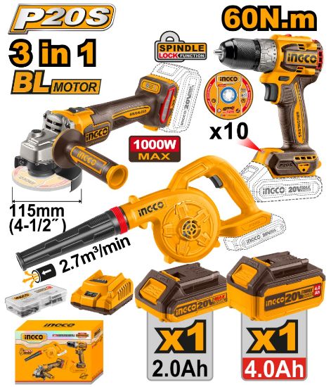 INGCO PACK MEULEUSE+PERCEUSE 60NM+SOUFFLEUR 20V  [COSLI241192]