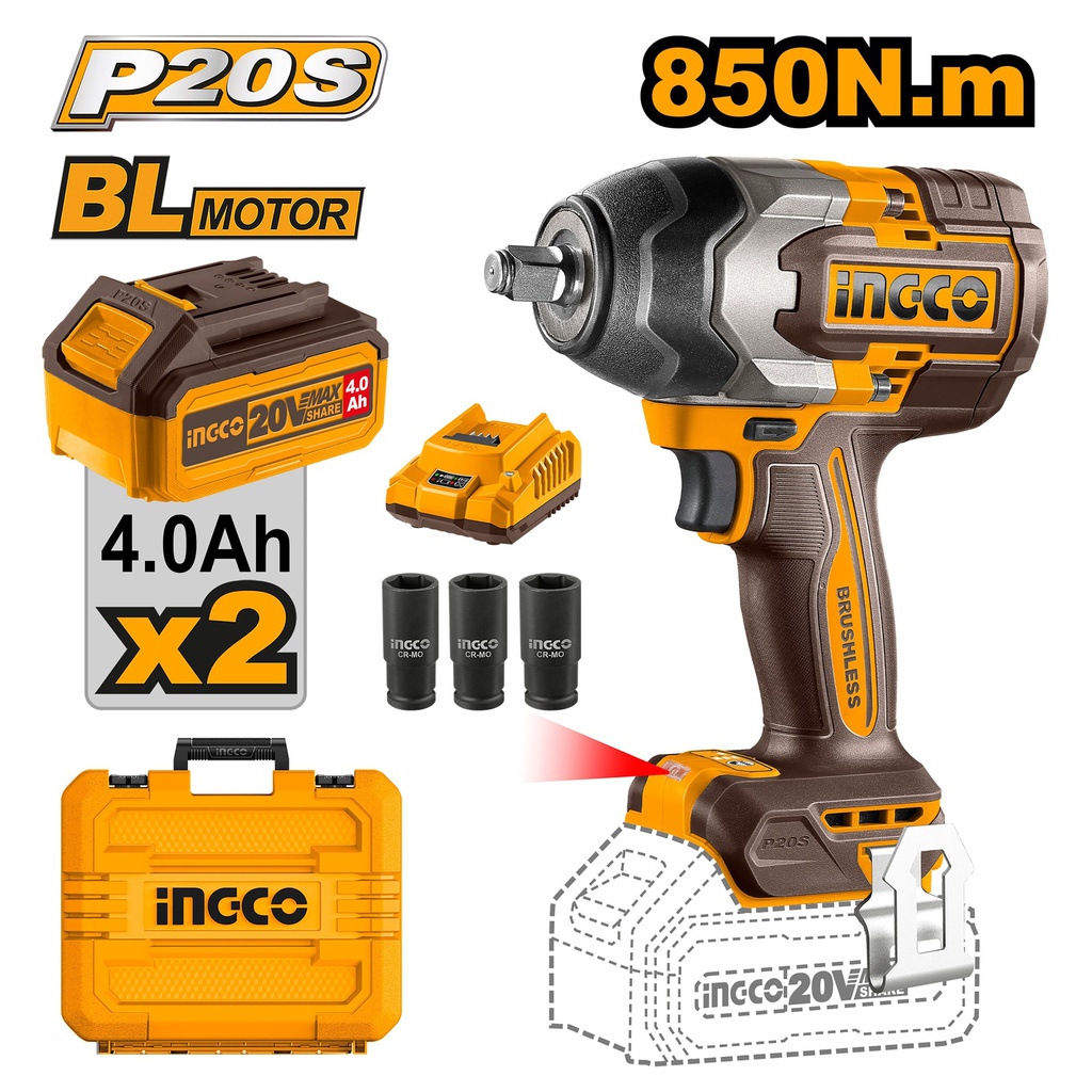 INGCO BOULONNEUSE A CHOC 850NM BRUSHLESS 20V+2BAT [CIWLI2085]