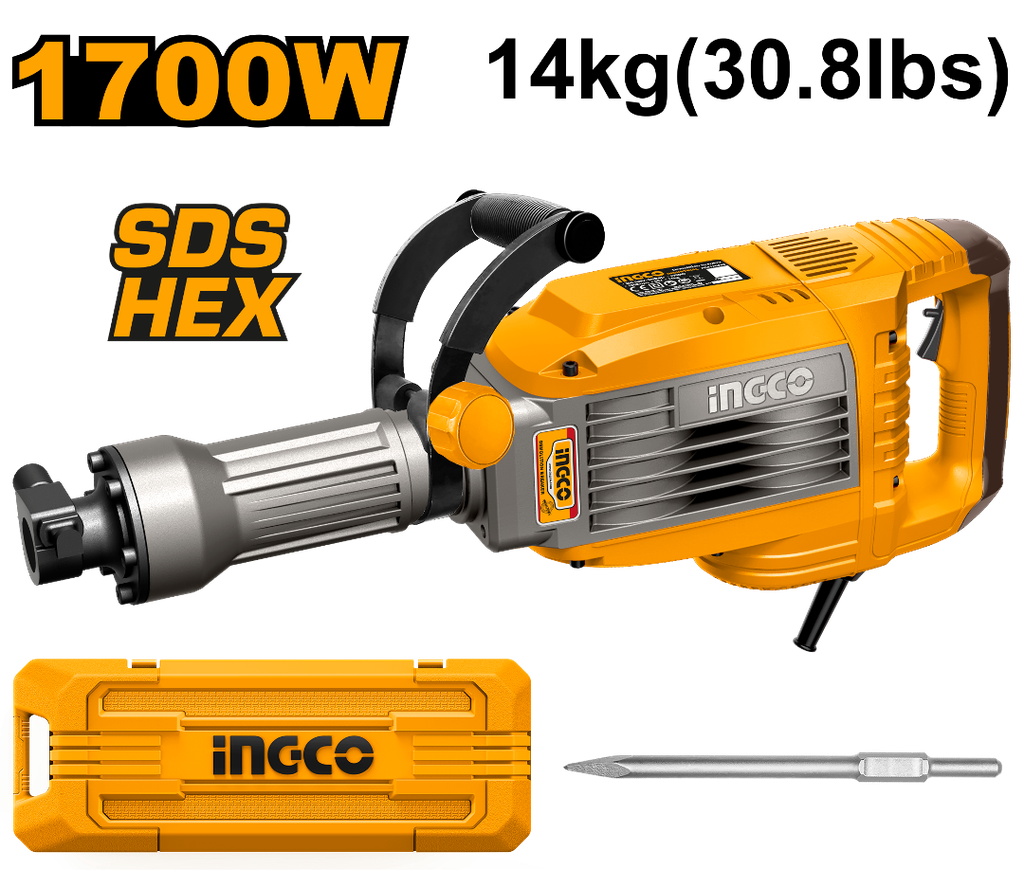 INGCO MARTEAU BURINEUR 14KG 1700W + 2 BURINS [PDB170068]