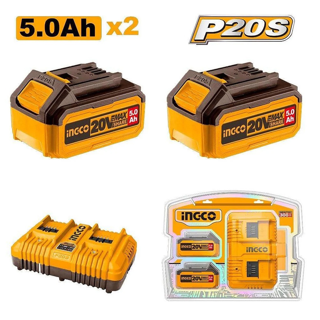 INGCO حزمة 2 بطاريات 5AH + شاحن