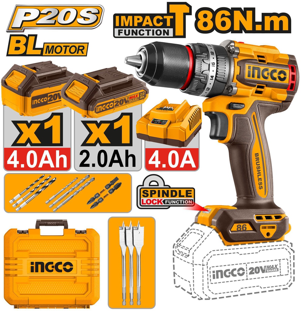 INGCO PERCEUSE VISSEUSE 20V 86NM BRUSHLESS [CIDLI20868]