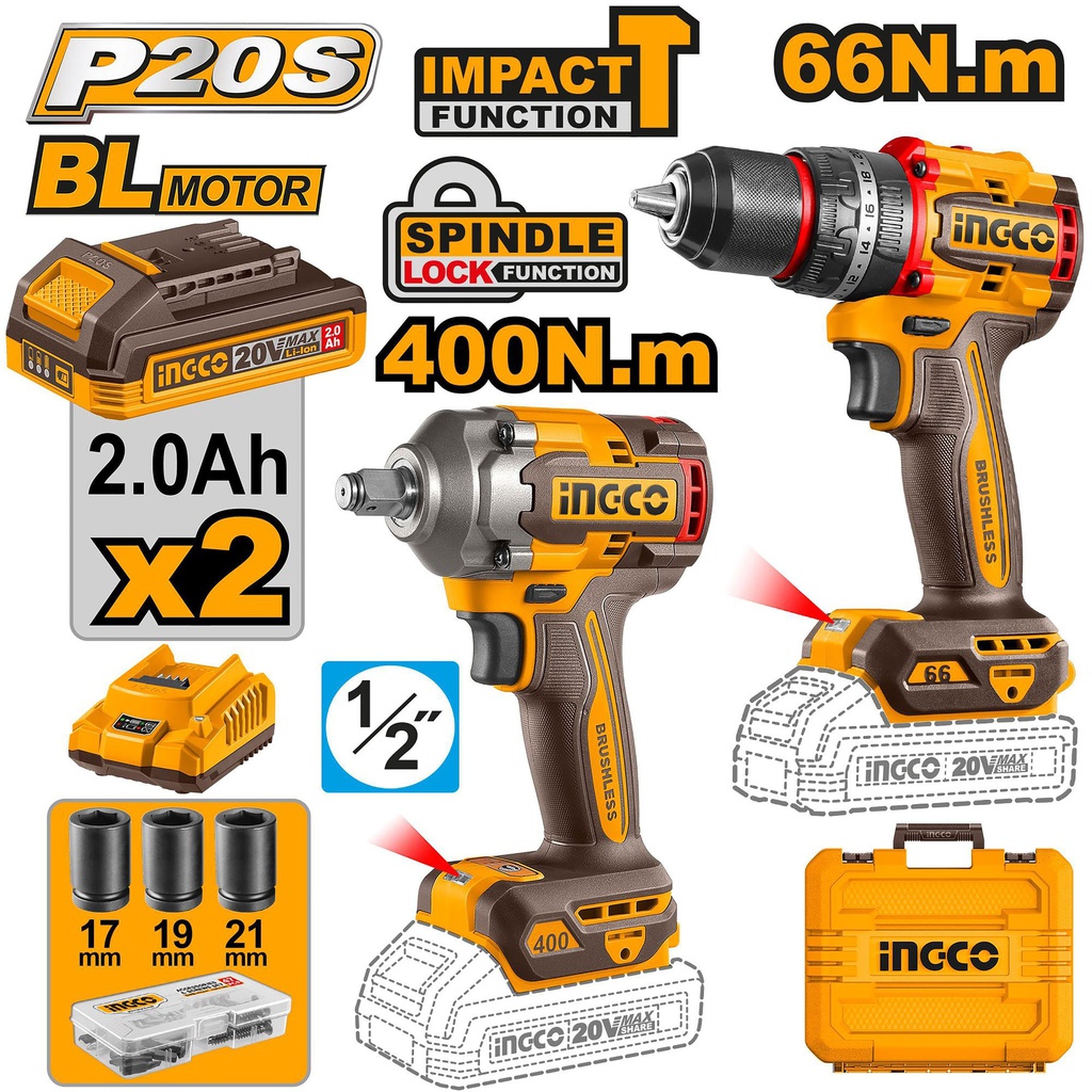 INGCO PACK 2 MACHINES VISSEUSE BRUSHLESS 66NM + BOULONNEUSE 20V  